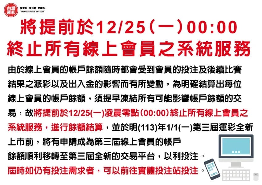 【台灣運彩】運彩迷注意!12月25日起台灣運彩第二屆線上會員投注暫停服務